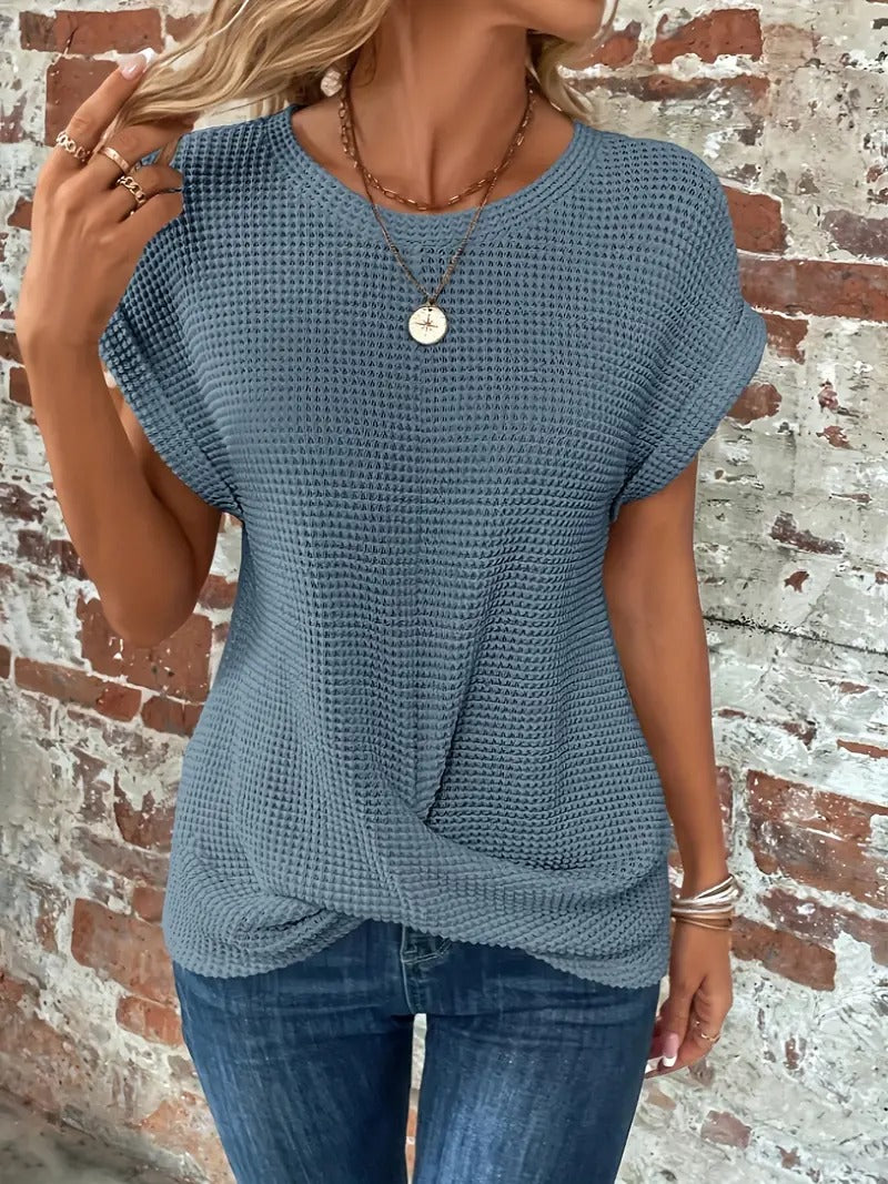 Women's Casual Waffle Knit T-shirt with Front Twist | Perfect for Casual Days