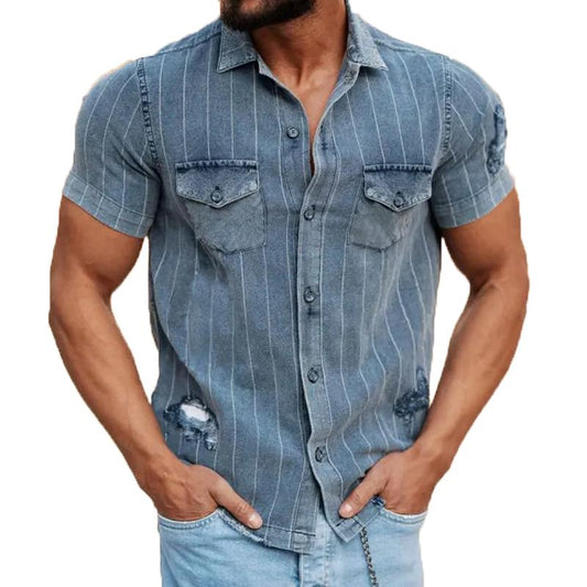 Edmund - Vintage Striped Denim Shirt - Casual - Trendy - For Everyday Wear