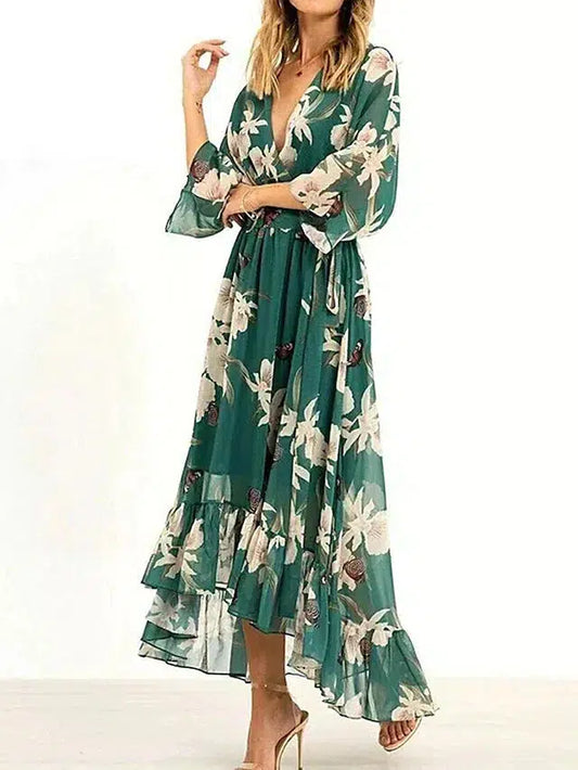 Women's Modern Green Maxi Dress with 3/4 Sleeves and V-Neck | Ideal for Summer