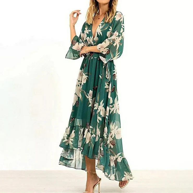 Women's Modern Green Maxi Dress with 3/4 Sleeves and V-Neck | Ideal for Summer