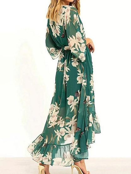 Women's Modern Green Maxi Dress with 3/4 Sleeves and V-Neck | Ideal for Summer