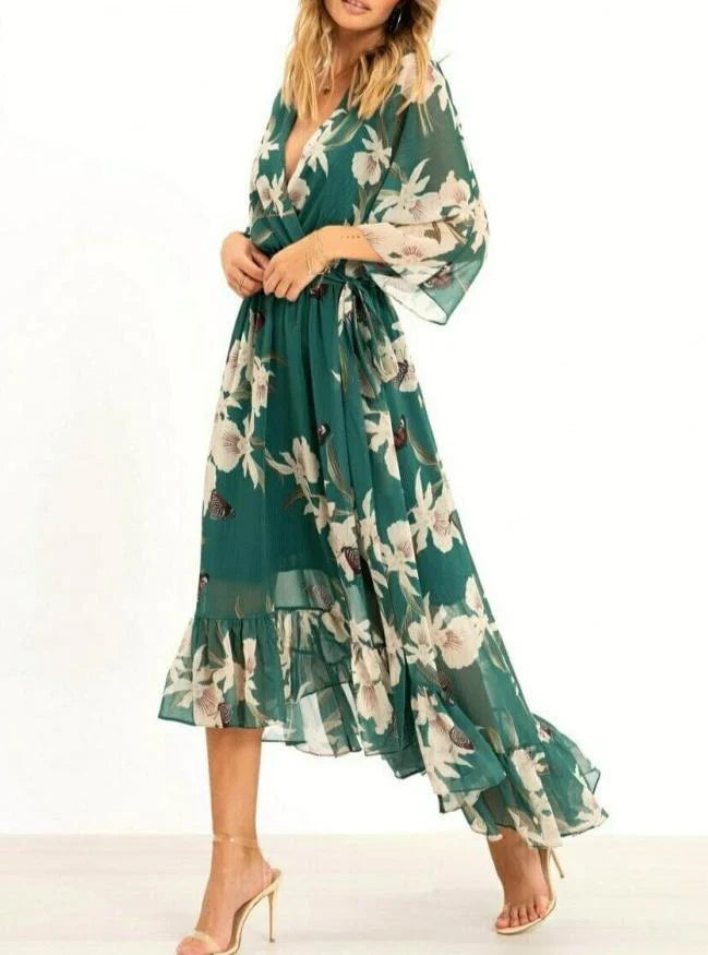 Women's Modern Green Maxi Dress with 3/4 Sleeves and V-Neck | Ideal for Summer